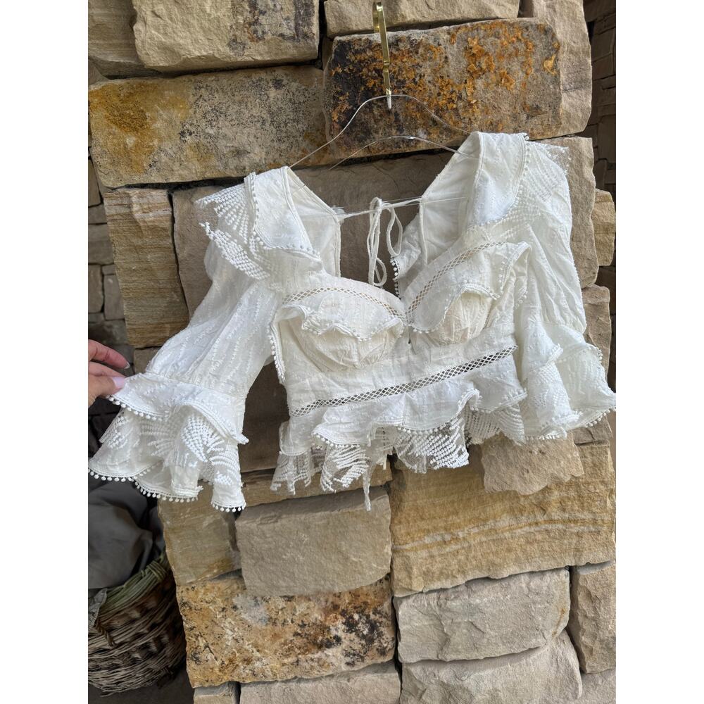 Elaborate Mulla White Ruffle Lace Corset Blouse Statement Top - Picture 6 of 15